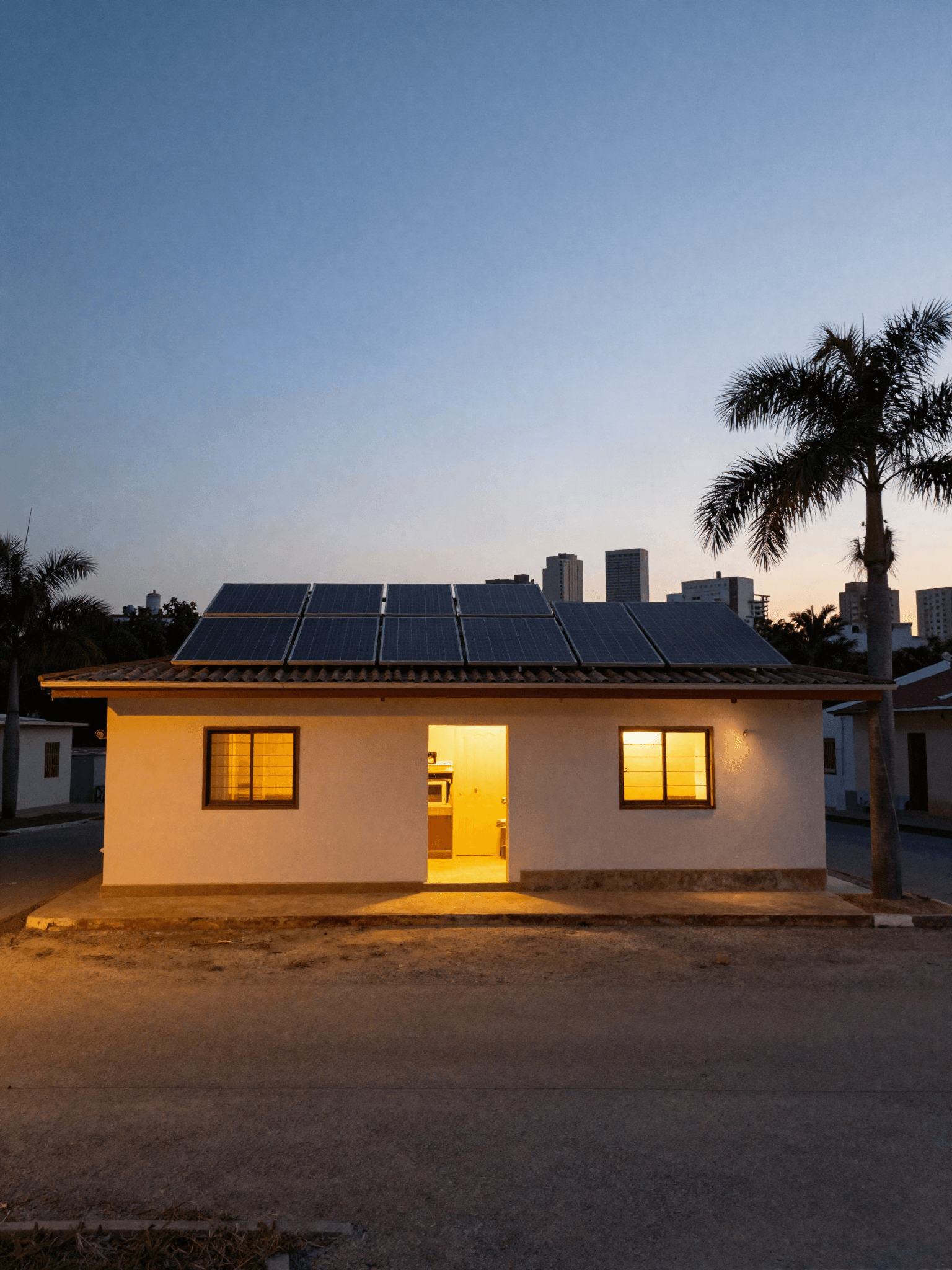 Casa con paneles solares instalados, iluminada al atardecer, con el skyline de La Habana al fondo